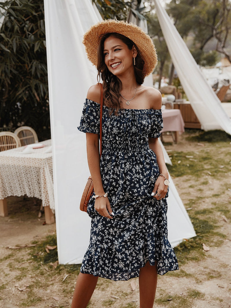 Robe Midi Floral Épaules Dénudées