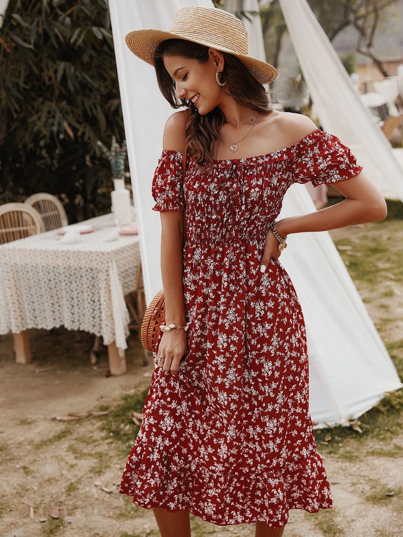 Robe Midi Floral Épaules Dénudées