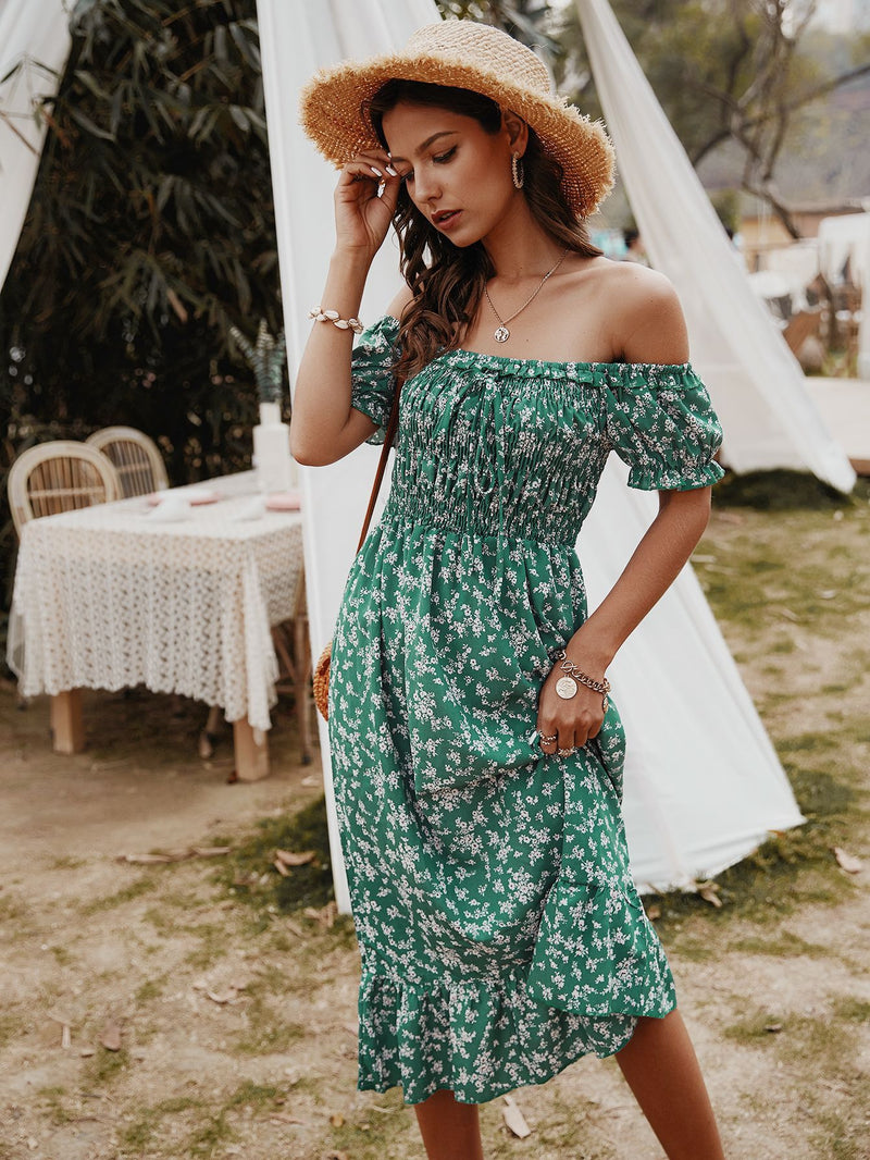 Robe Midi Floral Épaules Dénudées