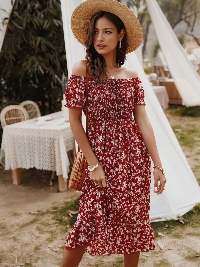 Robe Midi Floral Épaules Dénudées