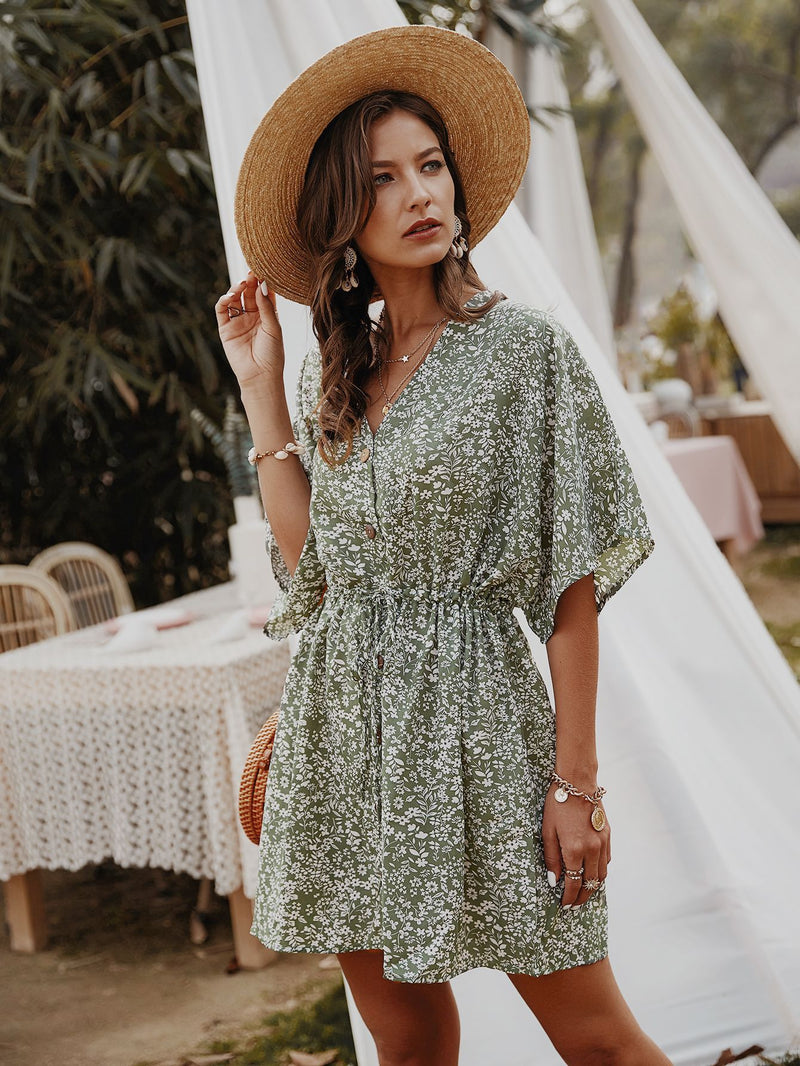 Robe Floral Col en V Demi-Manches  