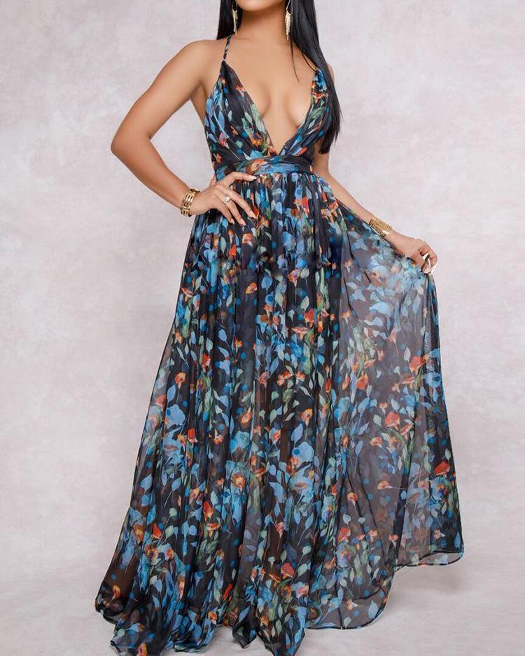 Robe Longue Plissée Dos Nu Imprimé Floral