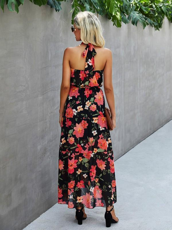 Robe Maxi Floral Dos Nu Sans Manches Col Licou