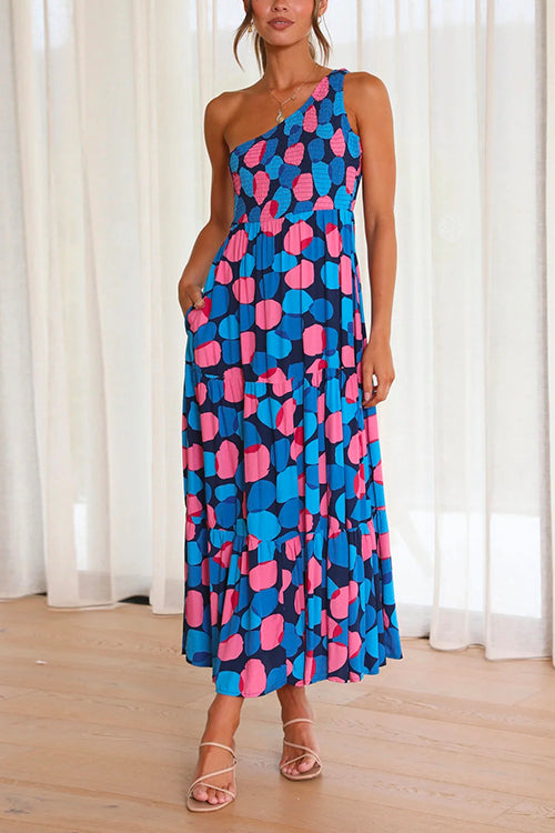 One Shoulder Sleeveless Printed Maxi Ruffle Dress