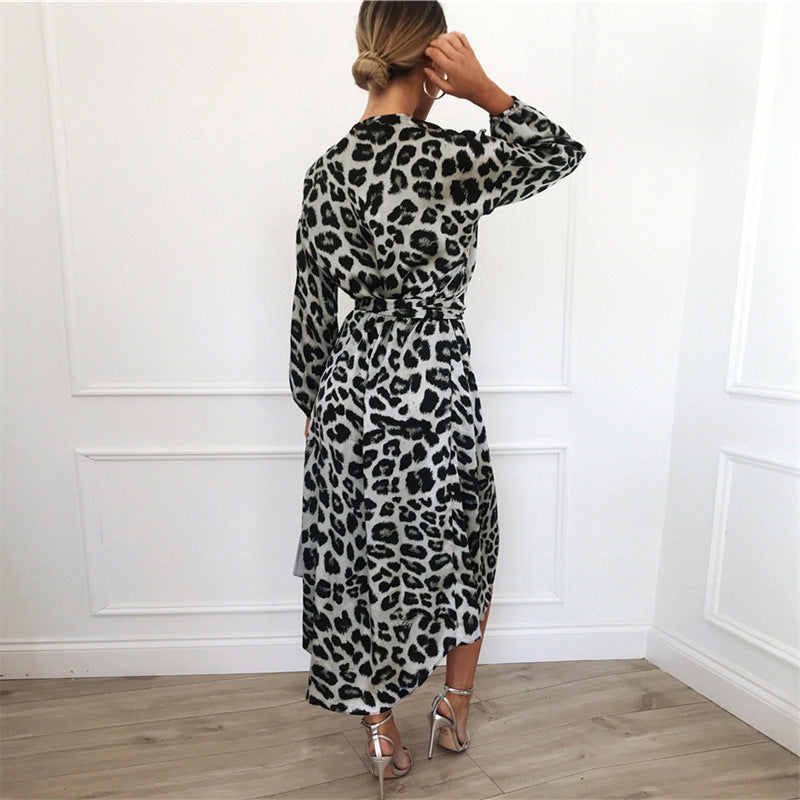 Leopard Print Long Sleeve Waist Tie Maxi Dress