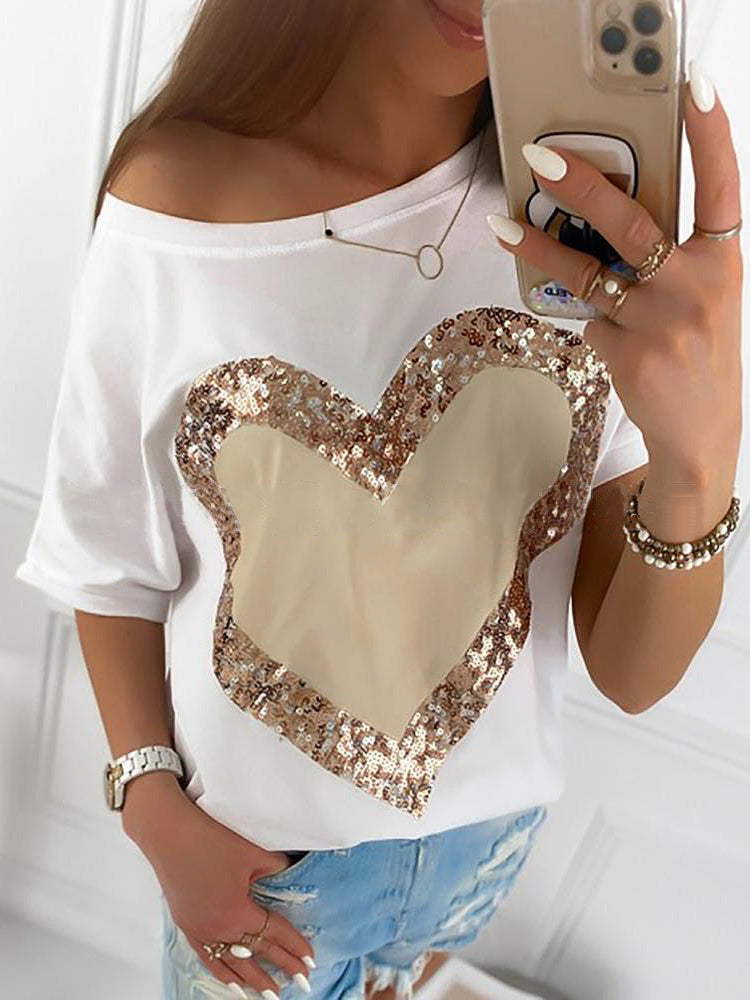 Women's T-Shirts Love Sequins Diagonal Neck Short Sleeve T-Shirt