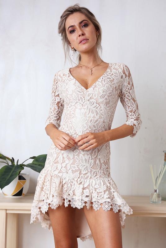 Mini Robe En Dentelle Avec Col En V Blanc Femme