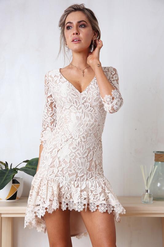 Mini Robe En Dentelle Avec Col En V Blanc Femme