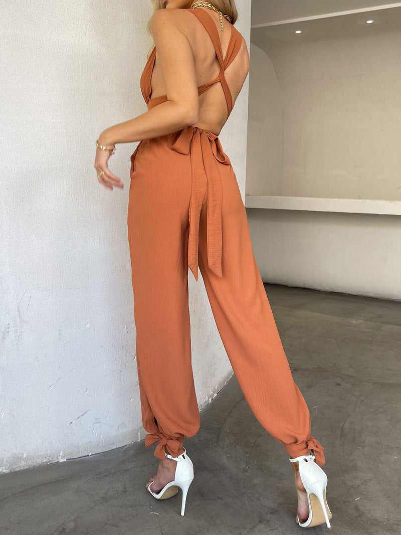 Women's Jumpsuits Casual Deep V Backless Pocket Jumpsuit