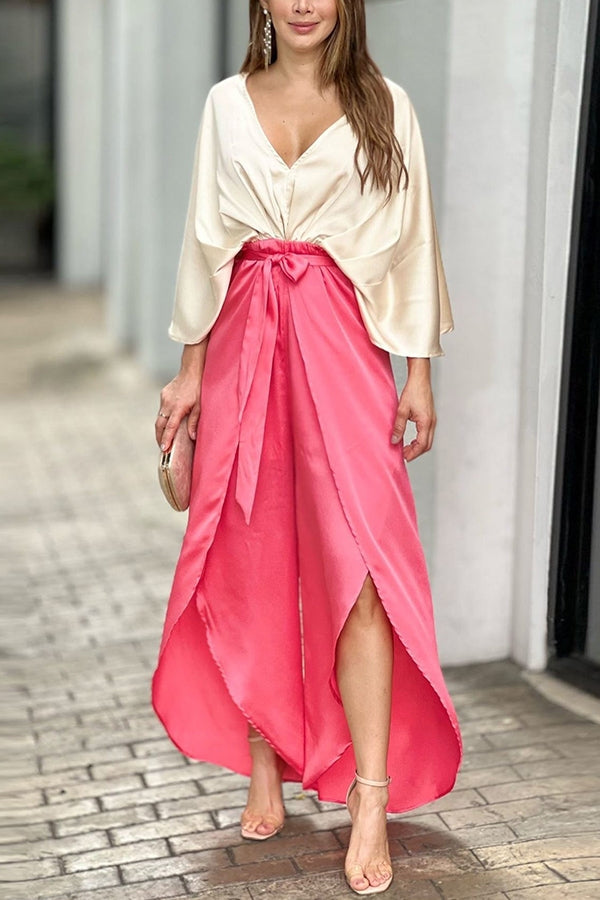 Secret Happiness Bat Sleeves Satin Drape Pants Suit