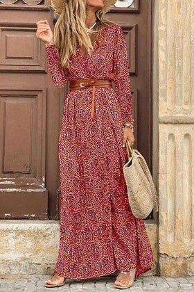 Fashion Bohemian Print With Belt V Neck Cake Skirt Dresses