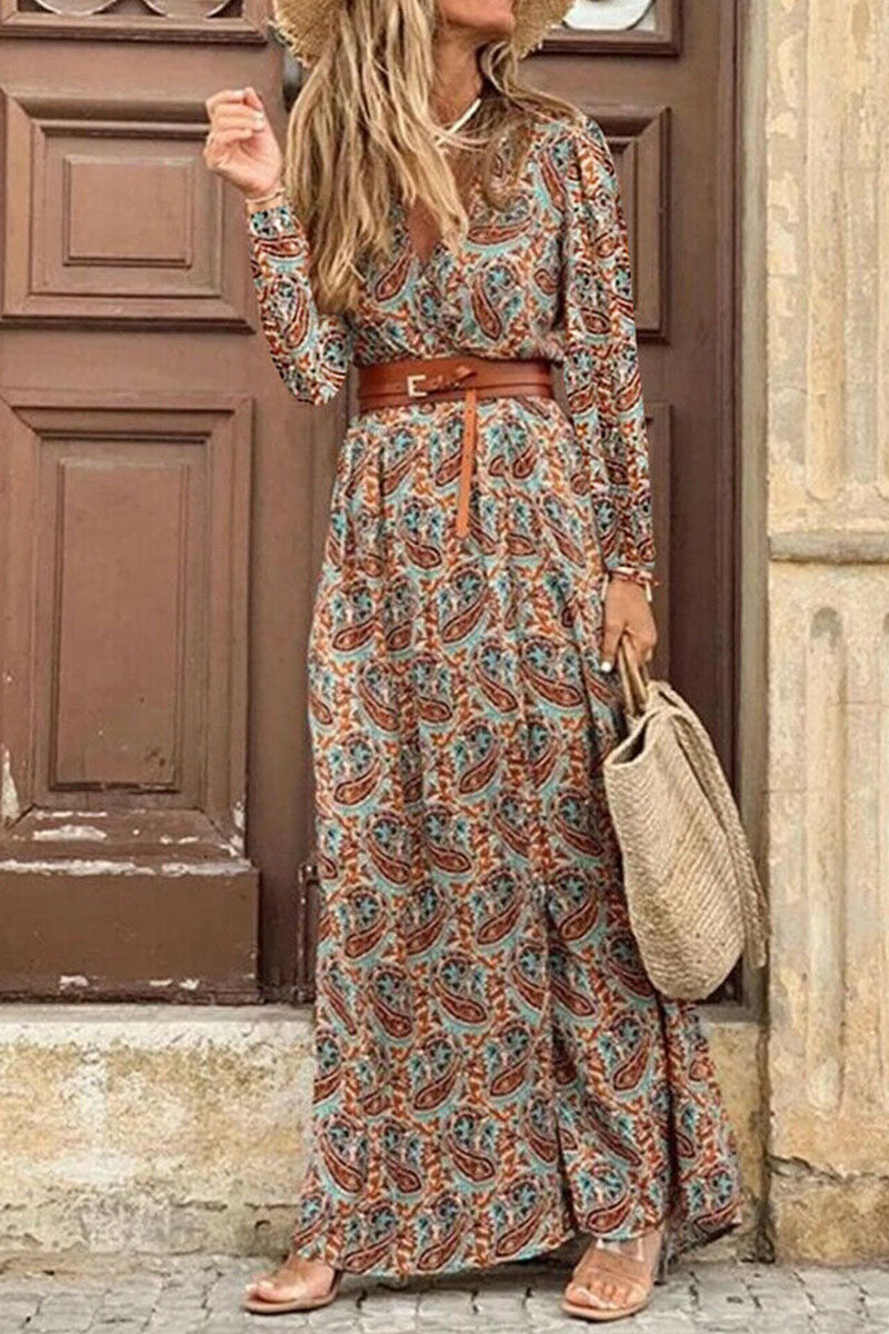 Fashion Bohemian Print With Belt V Neck Cake Skirt Dresses