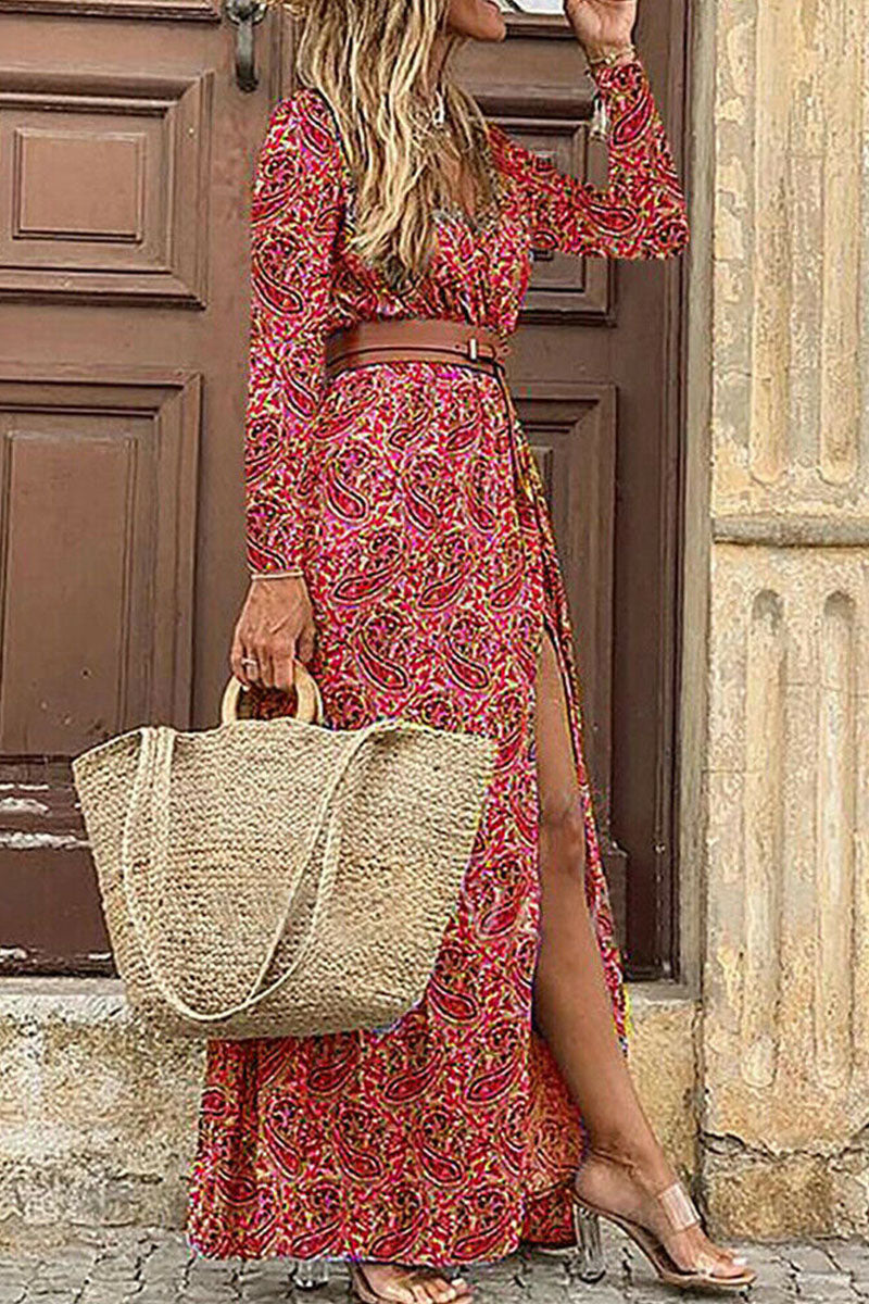 Fashion Bohemian Print With Belt V Neck Cake Skirt Dresses