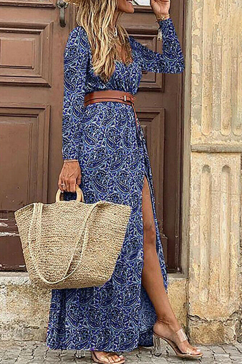 Fashion Bohemian Print With Belt V Neck Cake Skirt Dresses