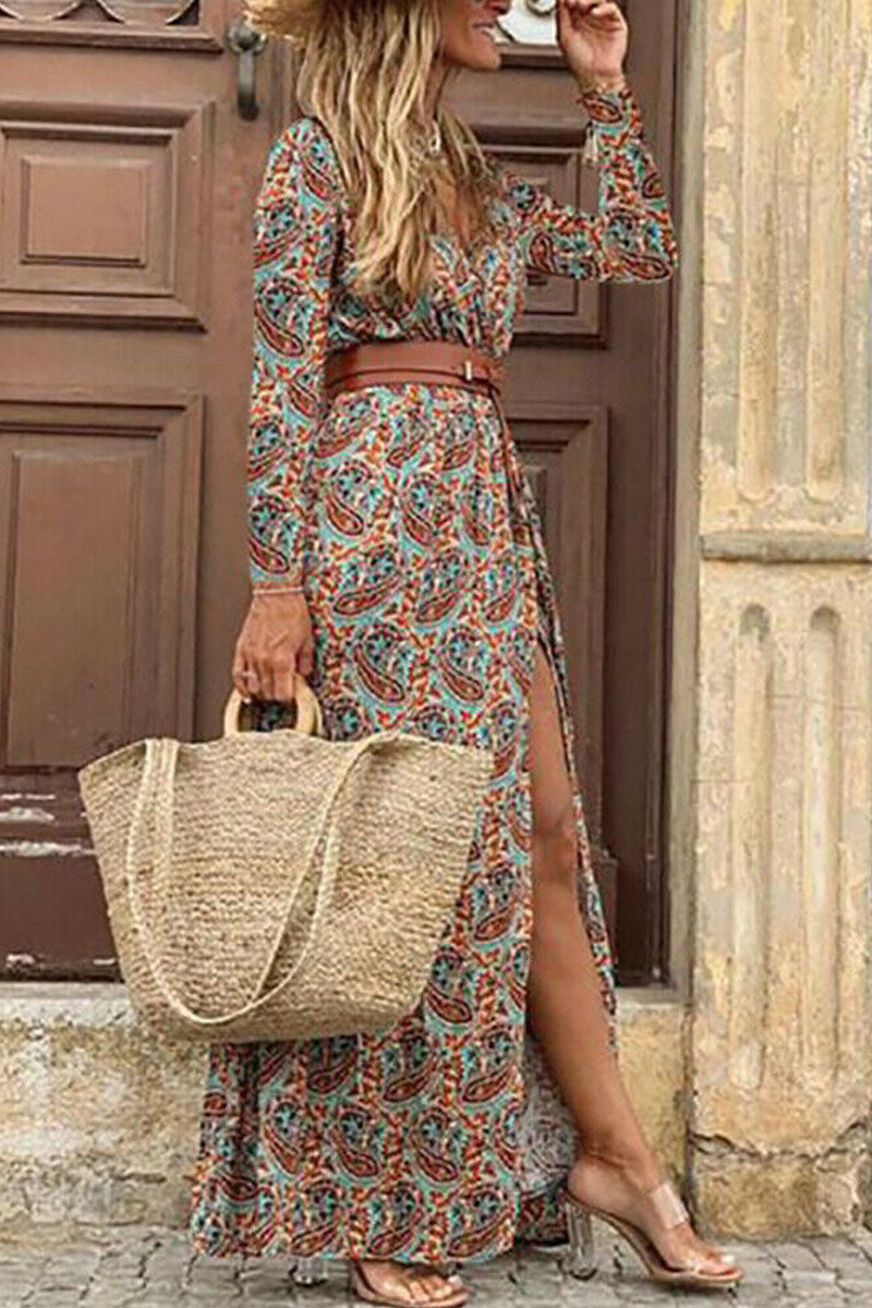 Fashion Bohemian Print With Belt V Neck Cake Skirt Dresses