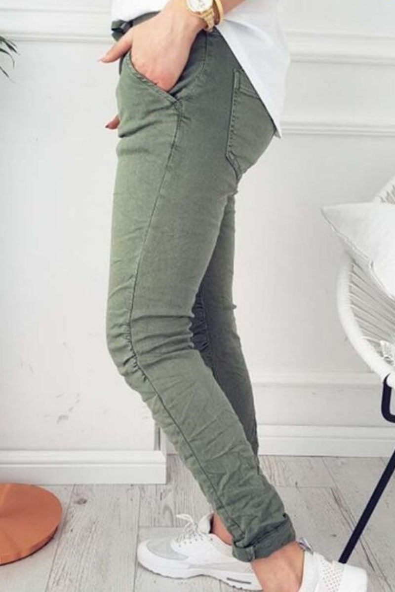 Pantalon Skinny Bas de Crayon Taille Haute Couleur Unie