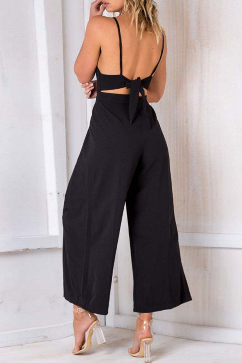 Fashion Solid Backless V Neck Loose Jumpsuits