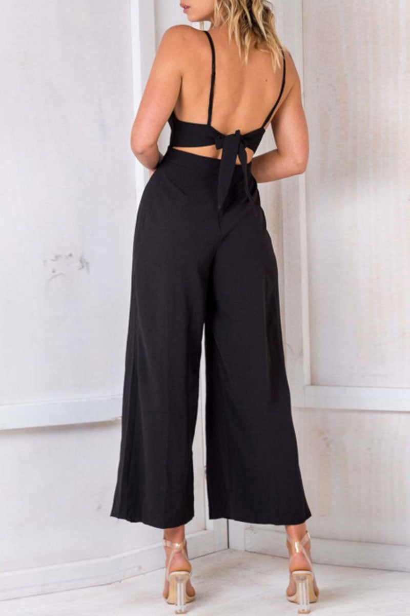 Fashion Solid Backless V Neck Loose Jumpsuits