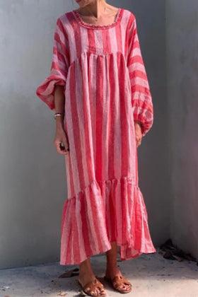 Stripe Square Neck Ruffles Maxi Dress