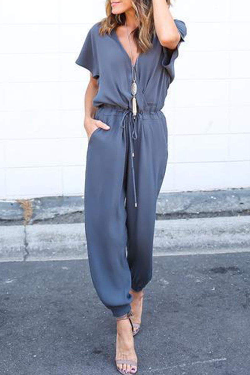 Casual Street Solid Frenulum V Neck Jumpsuits(3 Colors)