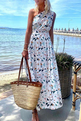 Fashion Bohemian Print Patchwork One Shoulder A Line Dresses