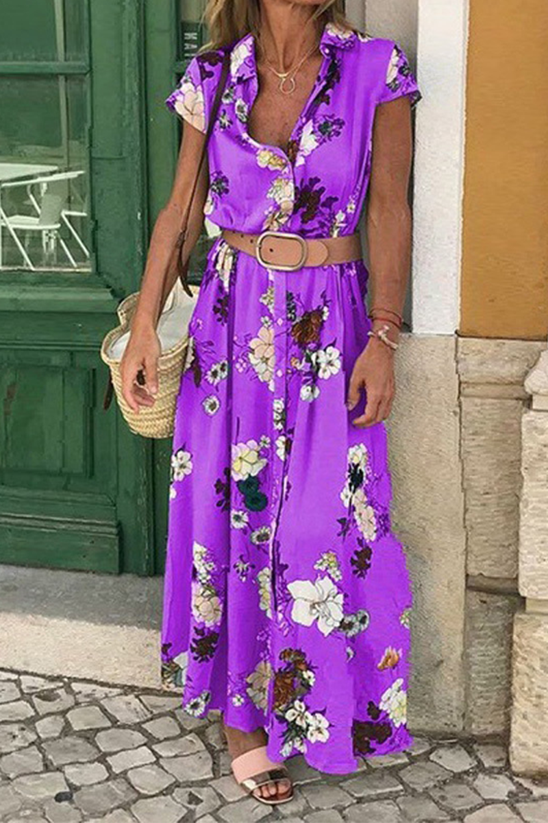 Robe Maxi Boucle Floral Décontracté Col Rabattu Ceinture