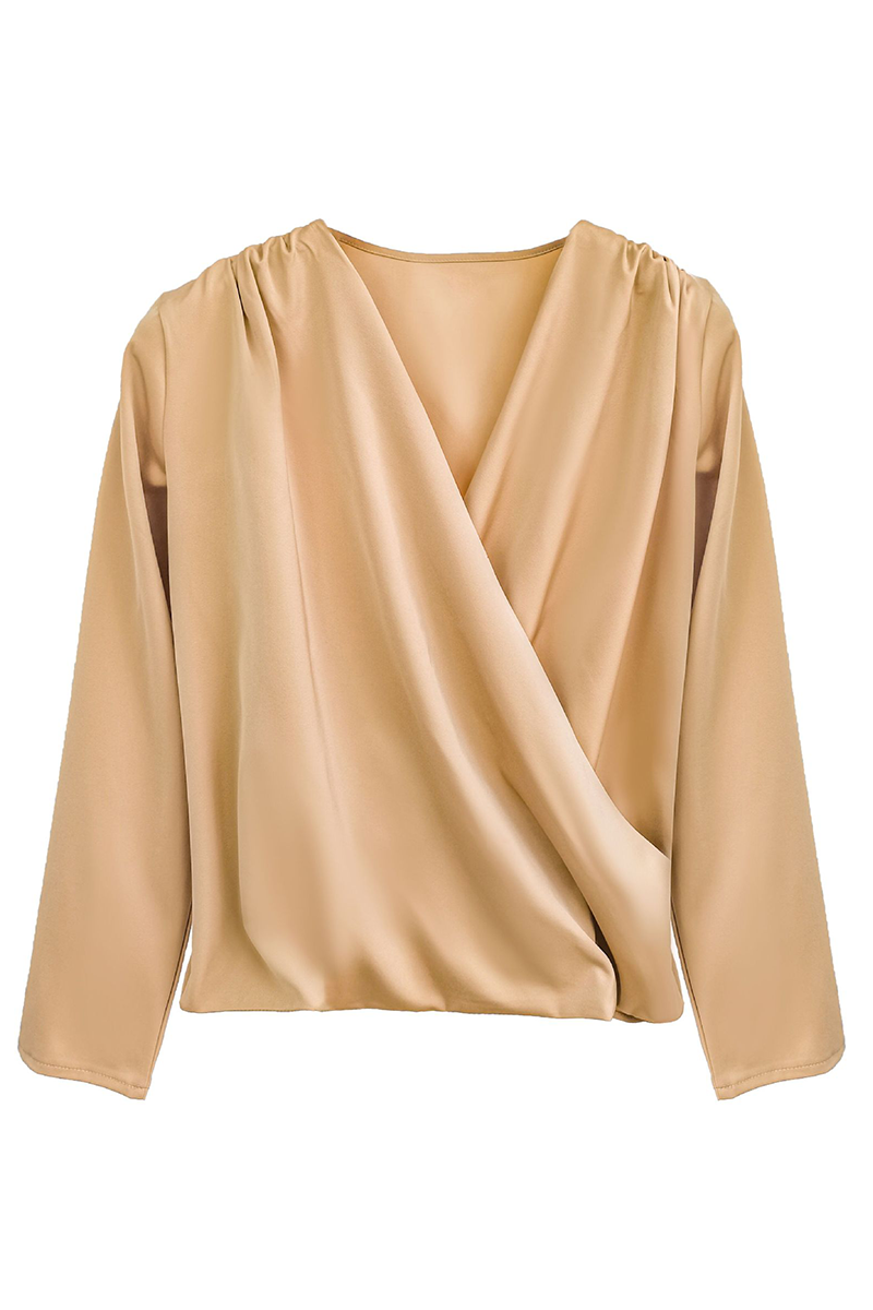 Elegant Solid Patchwork Fold V Neck Tops(3 Colors)