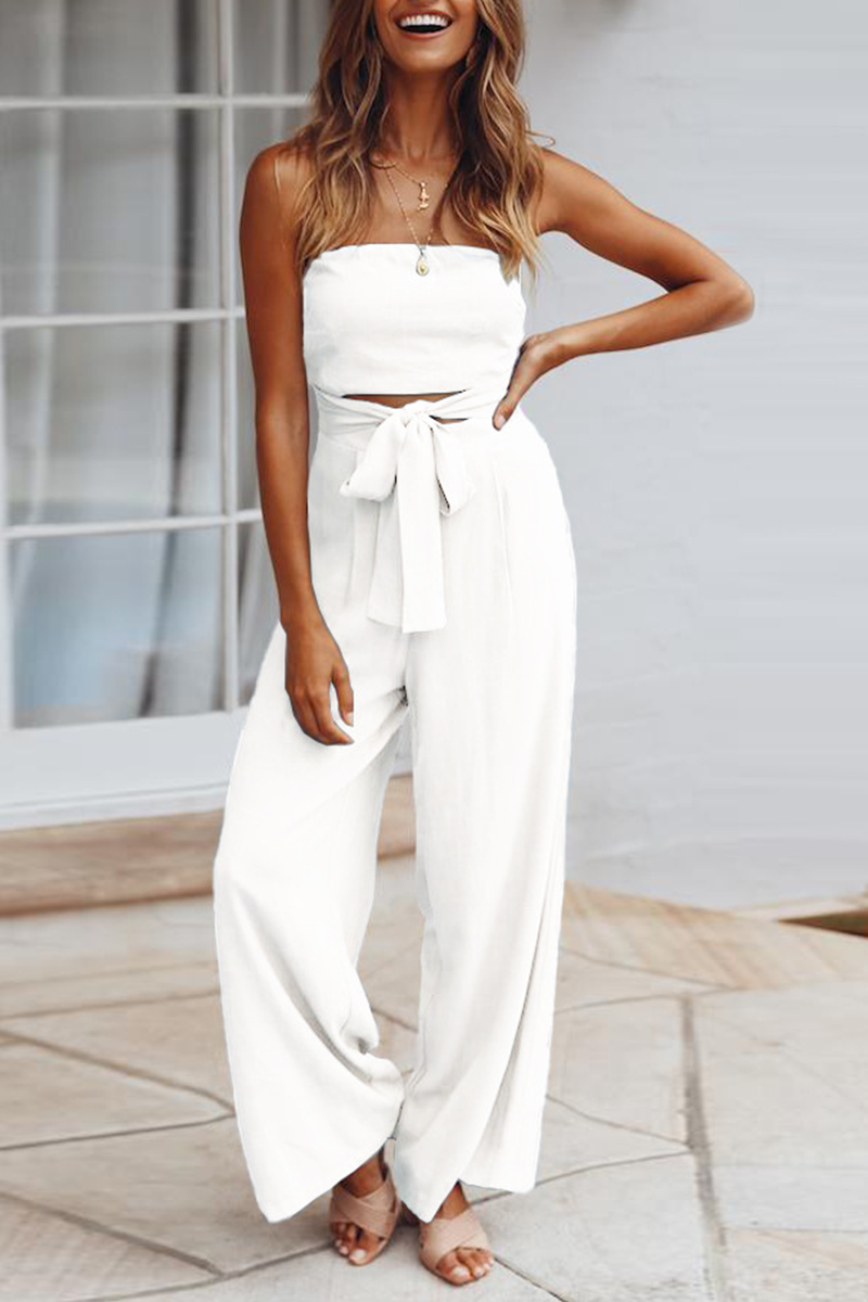 Casual Solid Patchwork Strapless Straight Jumpsuits(4 Colors)