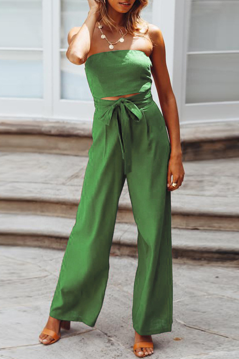 Casual Solid Patchwork Strapless Straight Jumpsuits(4 Colors)