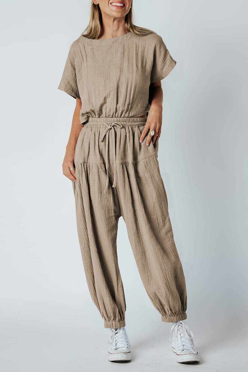 Casual Solid Patchwork O Neck Harlan Jumpsuits