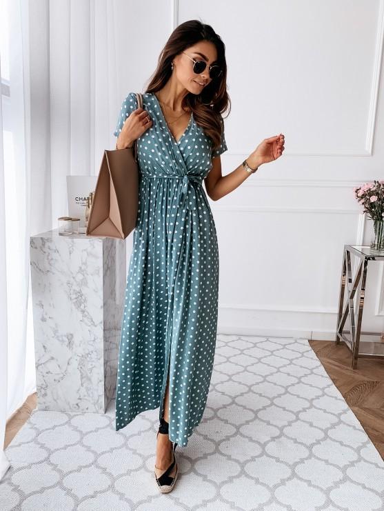 Robe Maxi Manches Courtes et Col en V à Pois