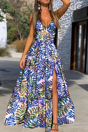 Robe Maxi Bretelles Fines Col V Imprimé Floral