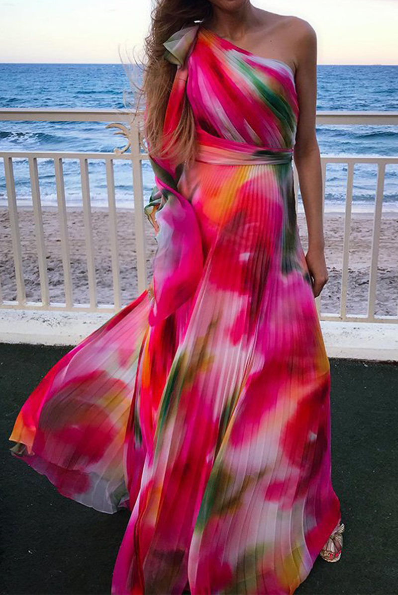 Fashion Patchwork Tie-dye One Shoulder Waist Skirt Dresses