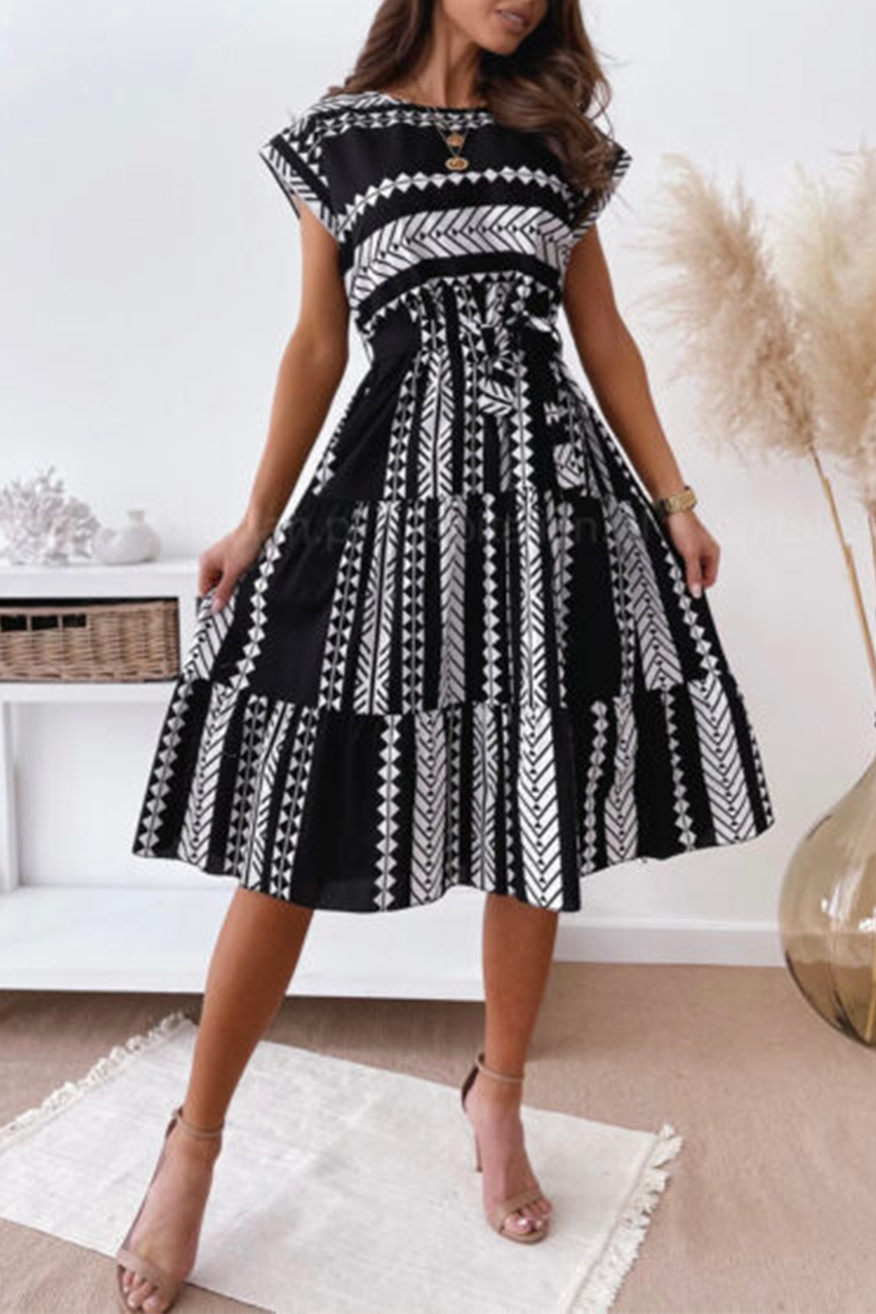 Casual Print Split Joint O Neck Waist Skirt Dresses(3 colors)