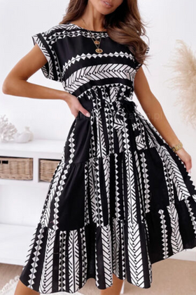 Casual Print Split Joint O Neck Waist Skirt Dresses(3 colors)