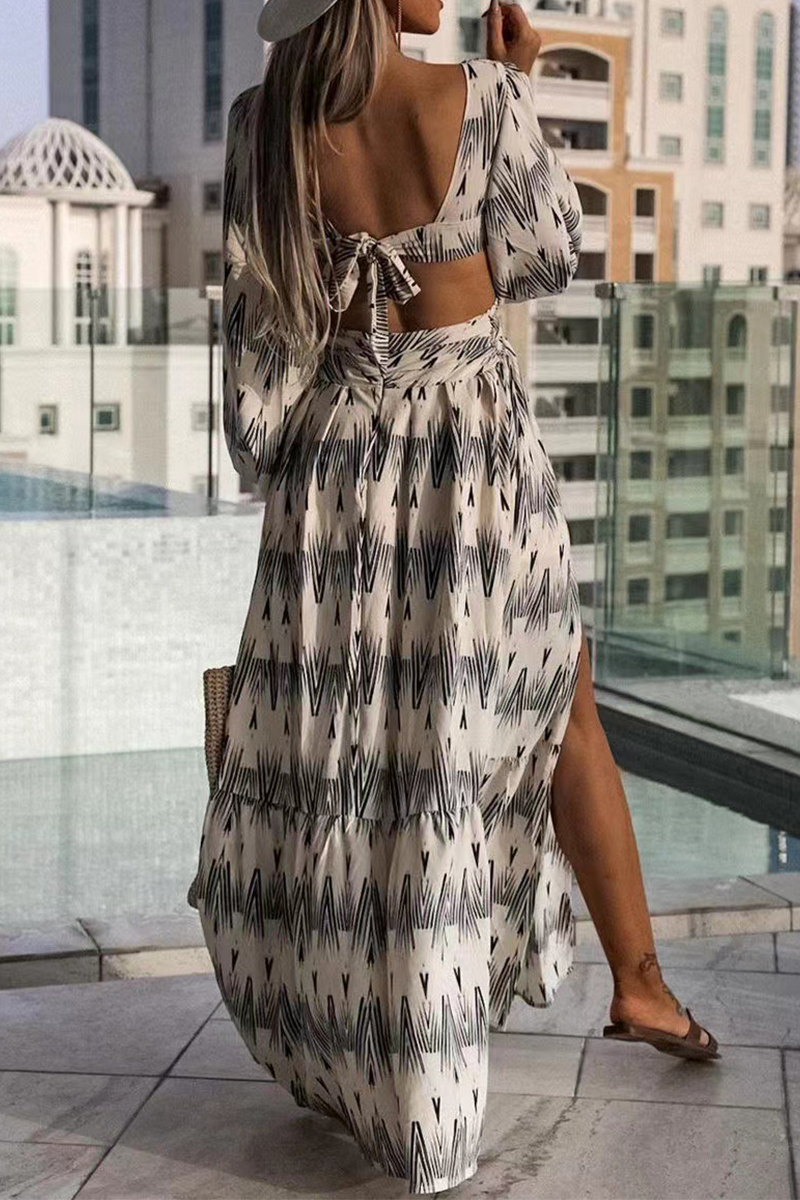 Fashion Print Hollowed Out V Neck Irregular Dress Dresses