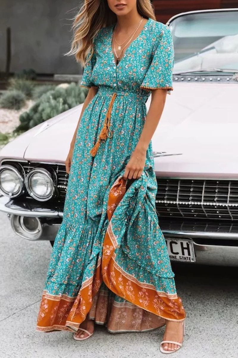 Fashion Print Split Joint V Neck Trumpet Mermaid Dresses