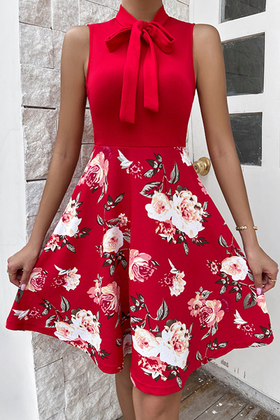 Fashion Print Bandage O Neck Cake Skirt Dresses(4 colors)