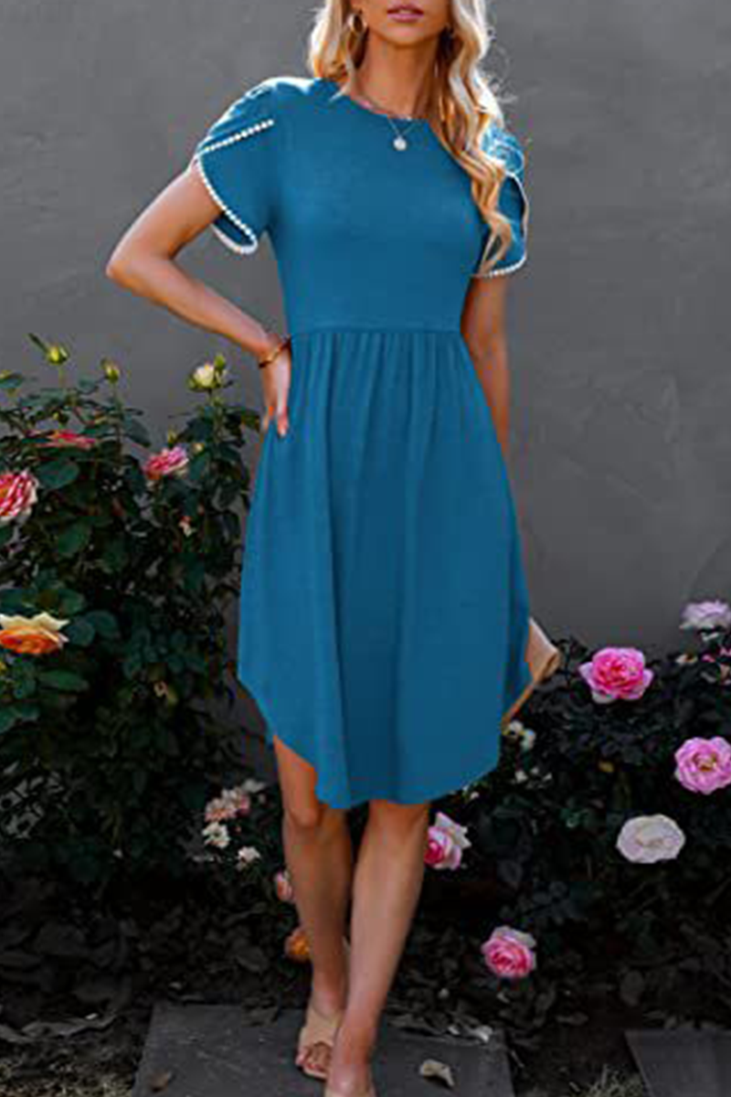 Casual Solid Split Joint O Neck Waist Skirt Dresses(5 colors)