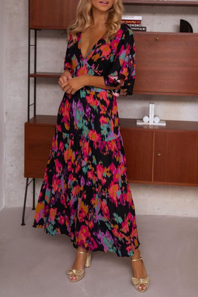 Robe Maxi Manches Longues Col en V Imprimé Floral