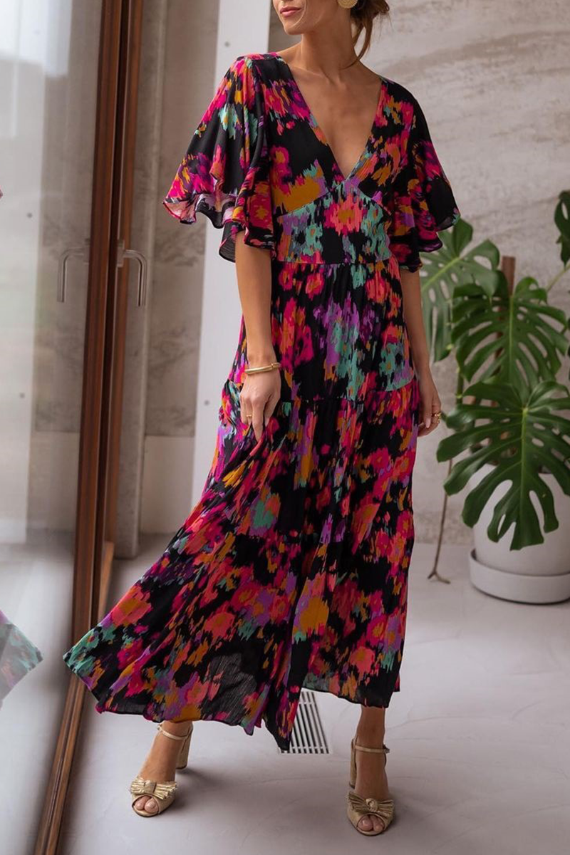 Robe Maxi Manches Longues Col en V Imprimé Floral