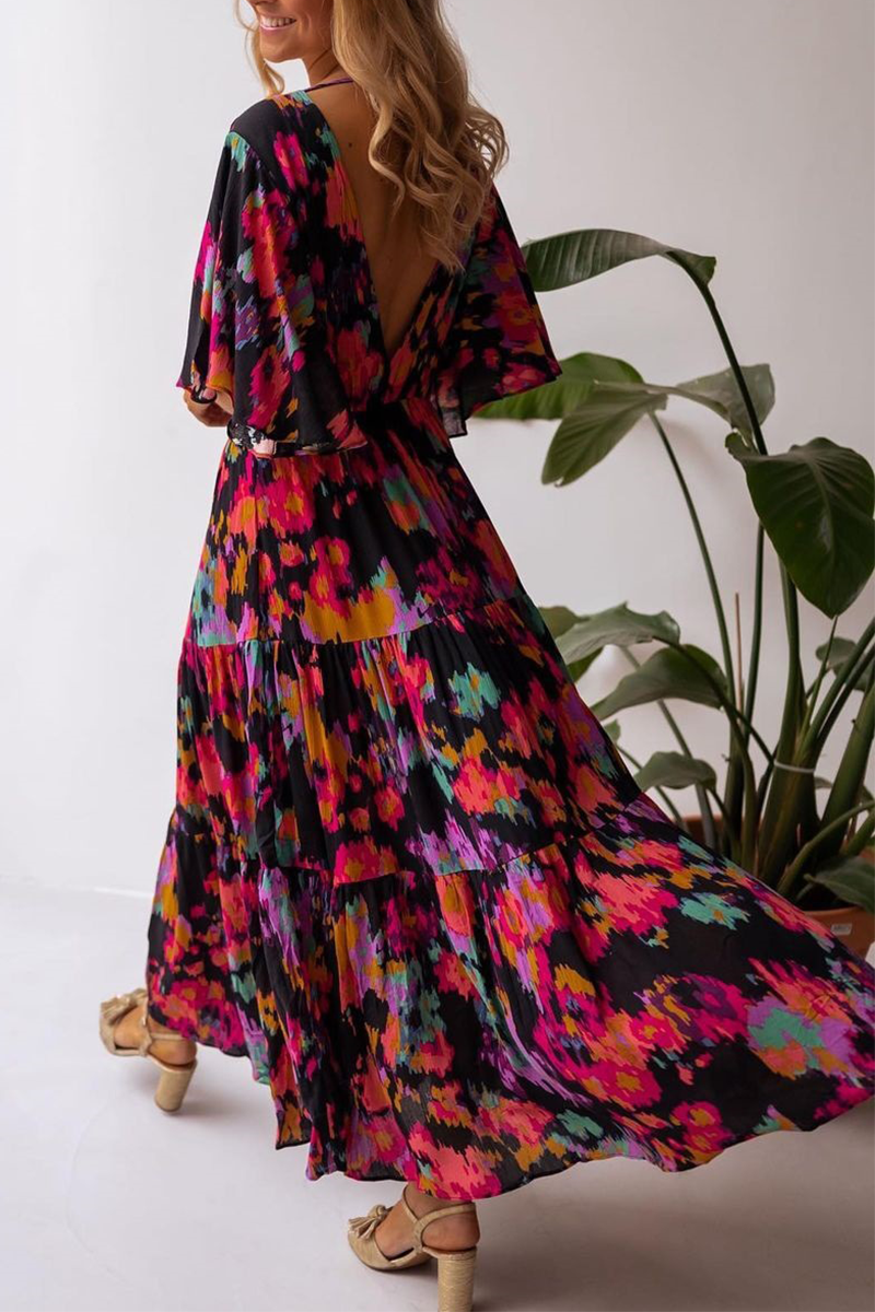 Robe Maxi Manches Longues Col en V Imprimé Floral