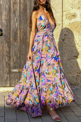 Robe Maxi Floral Bretelles Spaghetti Imprimé Décontracté