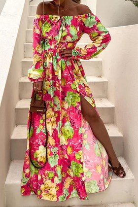 Robe Maxi Décontractée Imprimé Floral Épaules Dénudées