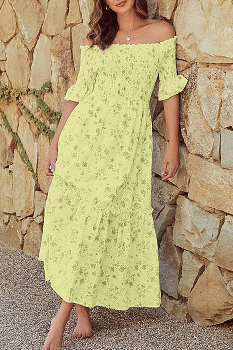 Robe Maxi Imprimé Floral Épaules Dénudées Manches Courtes