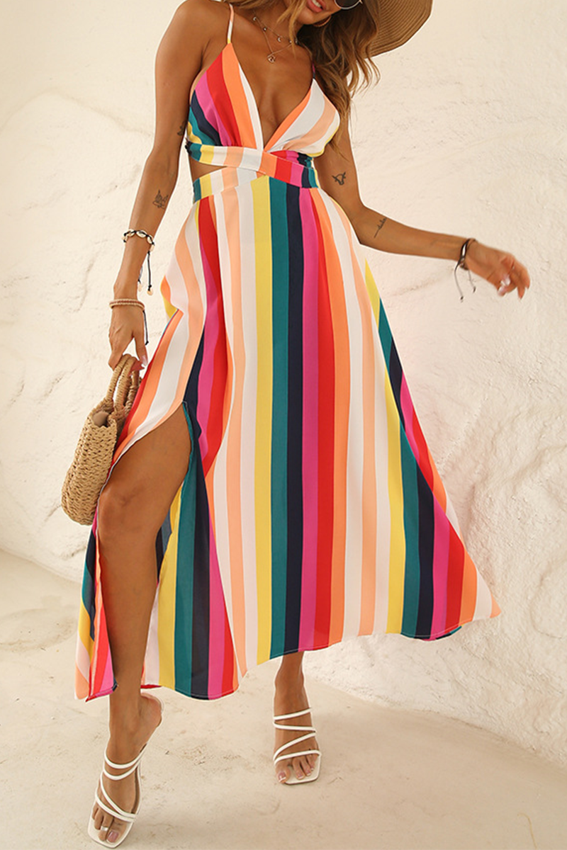 Street Striped Patchwork Spaghetti Strap Waist Skirt Dresses