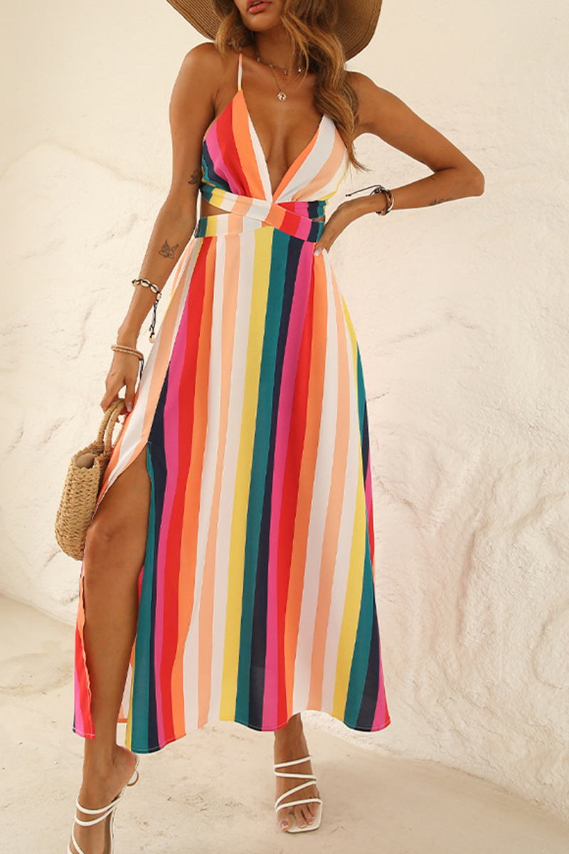 Street Striped Patchwork Spaghetti Strap Waist Skirt Dresses