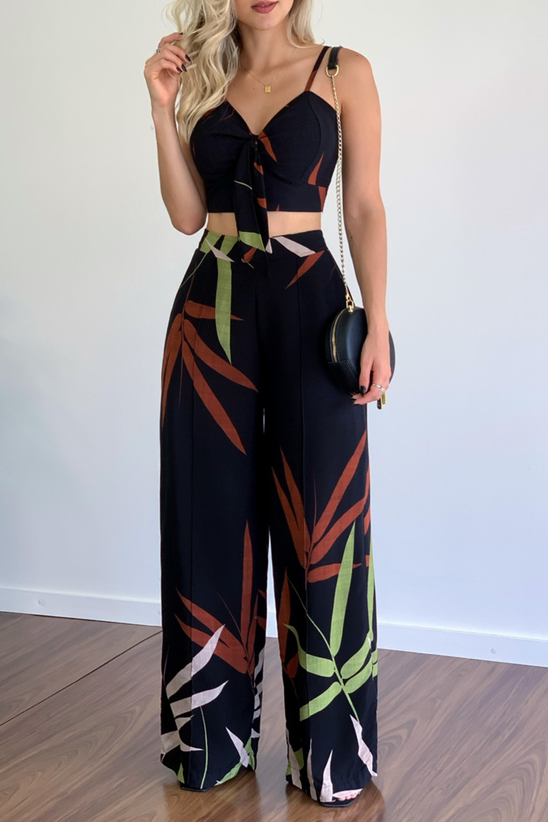 Fashion Print Patchwork Spaghetti Strap Straight Jumpsuits(5 colors)