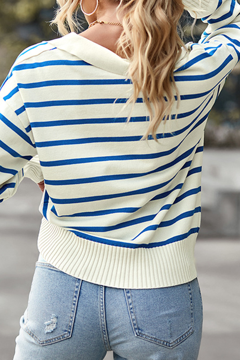 Casual Striped Patchwork Turndown Collar Tops