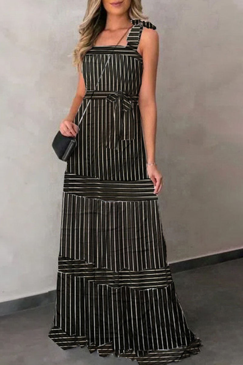 Sexy Casual Striped Bandage Patchwork Spaghetti Strap Pleated Dresses